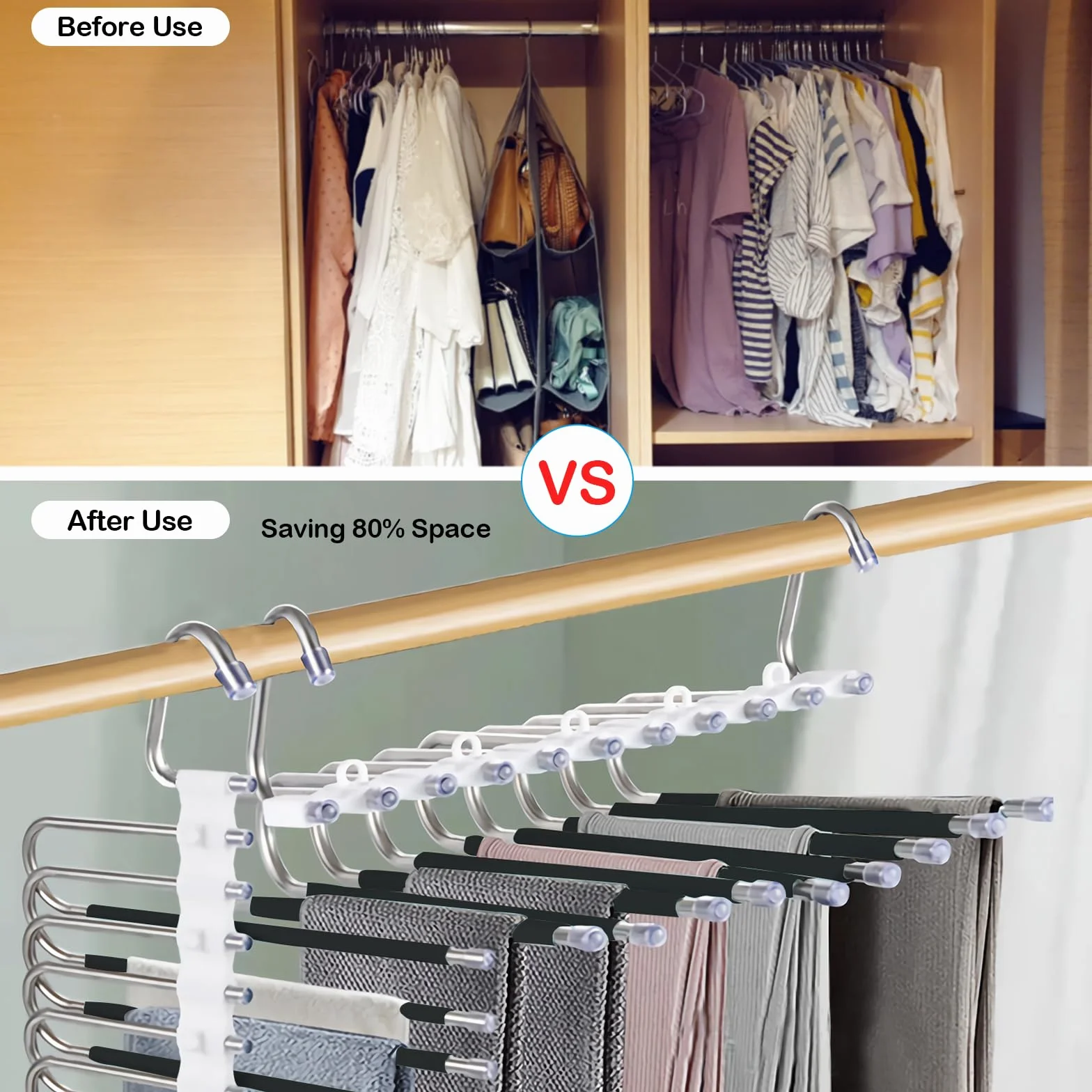 Loputon 2 Stück Hosenbügel Kleiderbügel Platzsparend aus Edelstahl rutschfest Faltbare Multifunktionaler Bügel für Hosen, Schals, Jeans, Kleidung, Handtücher (Schwarz mit 14 Kleiderbügels)