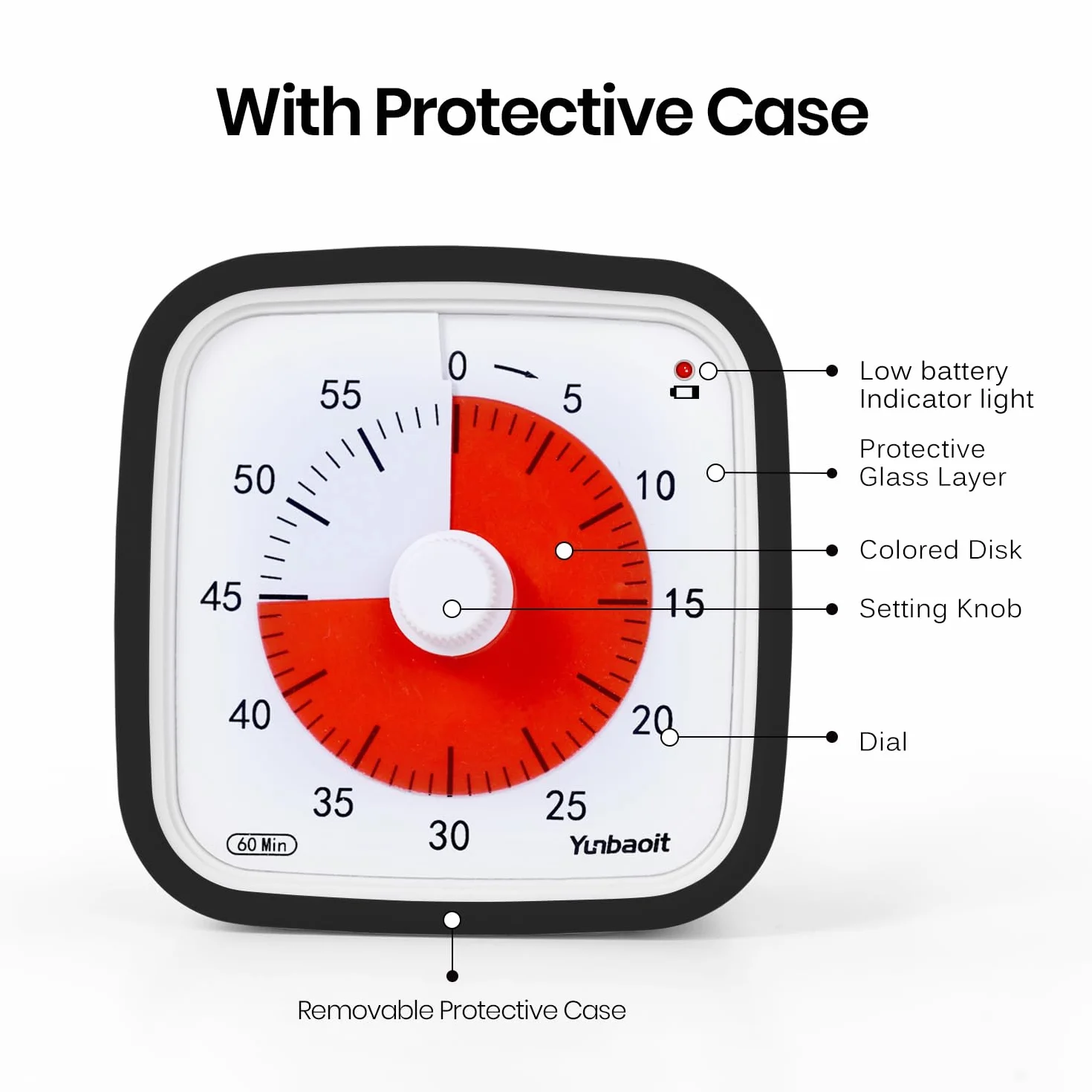 Visueller Timer, Yunbaoit Verbesserter 60 Minuten Countdown Timer für Kinder Erwachsene mit Alarm bei Niedrigem Batteriestand, Leises Zeit Management Werkzeug mit optionaler Alarm (Schwarz)