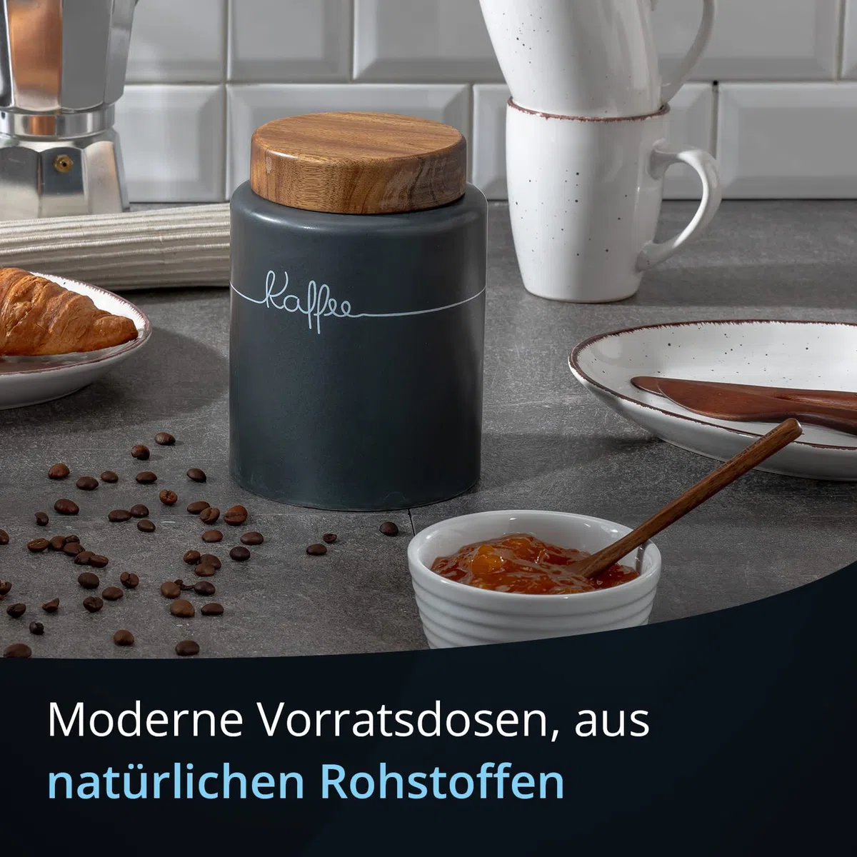 KHG Kaffeedose luftdicht, Keramik Steingut in Anthrazit Grau mit Holz-Deckel, Kapazität 1 Liter, Vorratsdose Kaffee rund & mit Beschriftung, Kaffee Aufbewahrung aromadicht