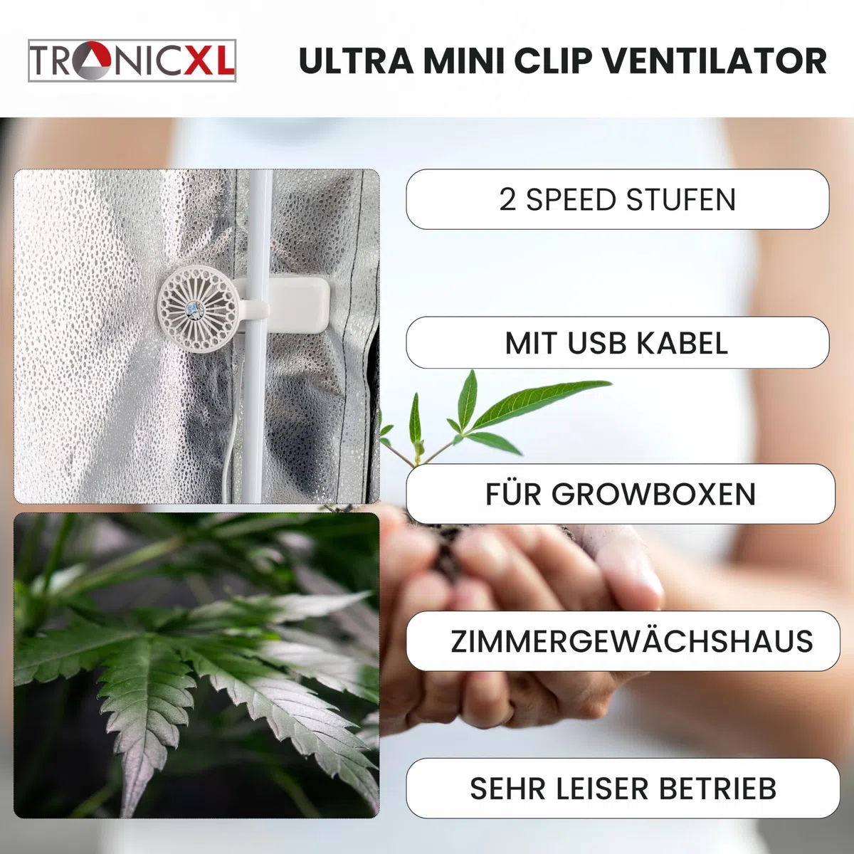 TronicXL 2 Stück Mini USB Ventilator Grow mit Clip Klipp Klemme Klemmventilator I Clipventilator für Zimmergewächshaus Gewächshaus klein Growbox