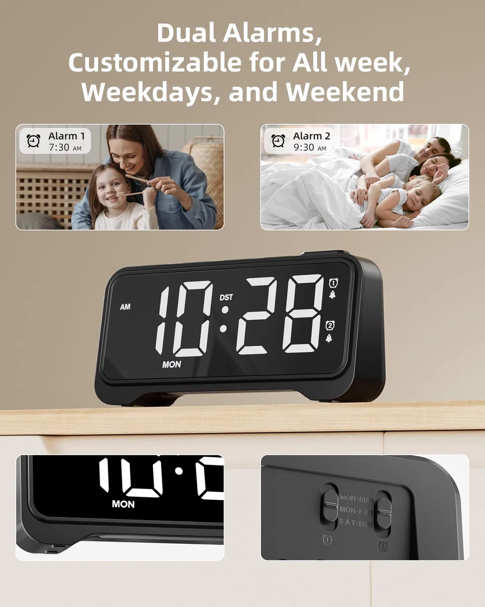 ROCAM LED Wecker Digital mit Großen Zahlen, Nachttisch Wecker mit Typ-C & USB-Ladeanschluss, Dualer Alarm, 12/24H, Wochenendmodus, Digital Uhr für Schlafzimmer, Kinder, Teenager, Senioren