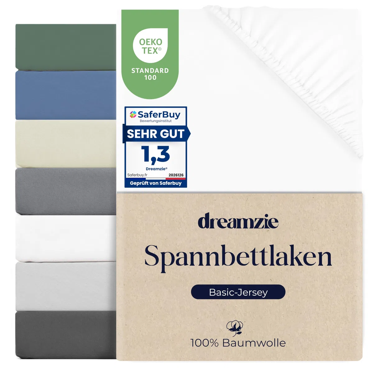 Dreamzie Spannbettlaken 200x200 cm, 100% Baumwolle Jersey dehnbar, Spannbetttuch Bettlaken, Steghöhe 30 cm für Matratzen bis 27 cm, Oeko-Tex Zertifiziert, Hypoallergen, Weiß