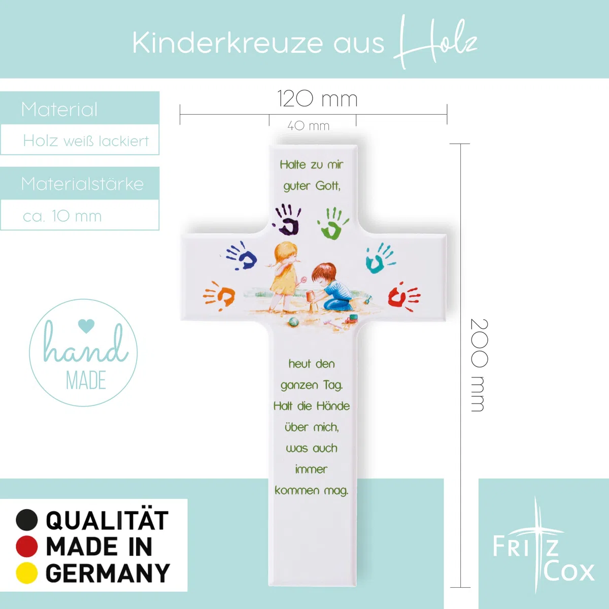Fritz Cox Kinder-Holz-Kreuz: 'Gott beschütze mich'- kindliches Wandkreuz und ein schönes Taufgeschenk oder Kommuniongeschenk