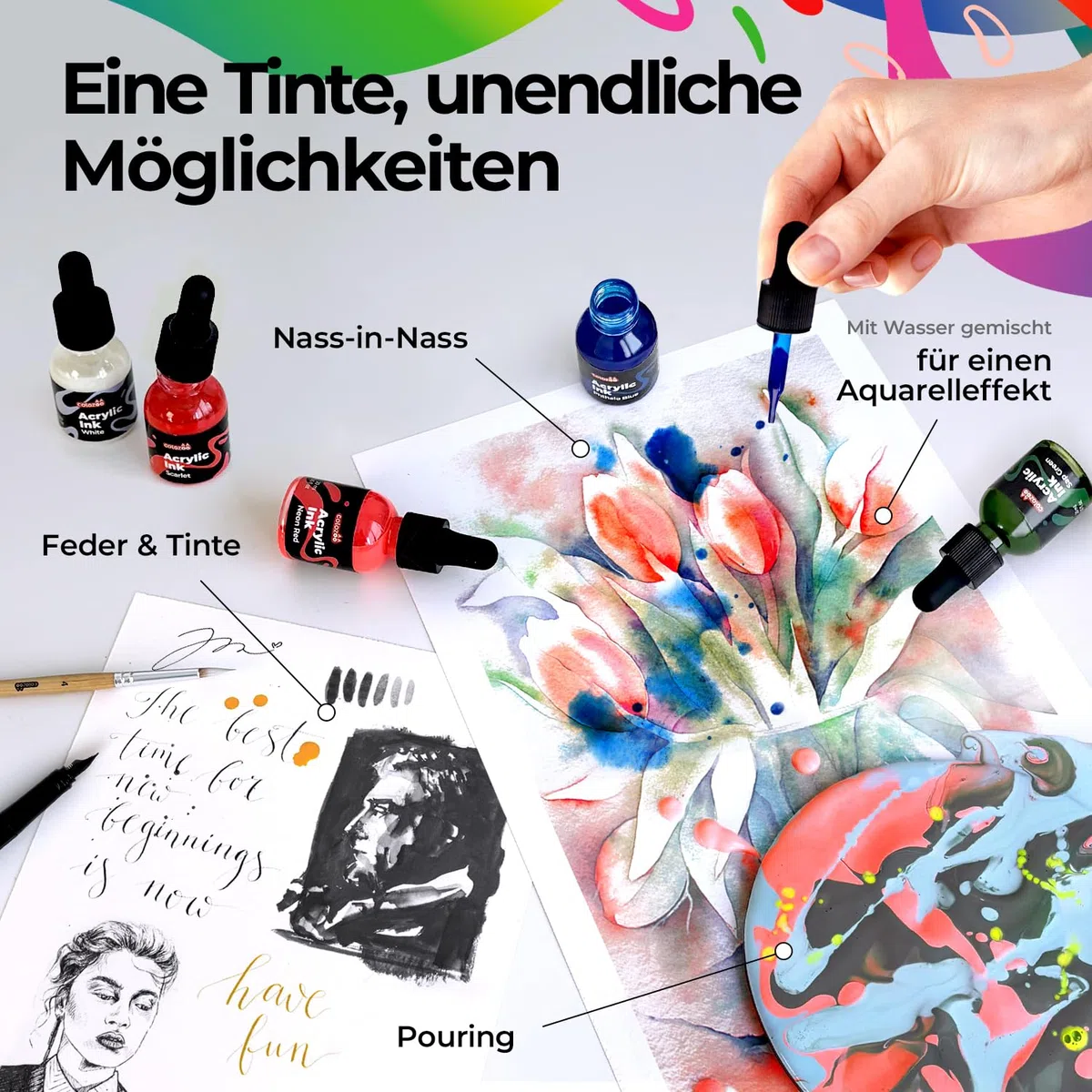 Colozoo 8x20ml Acrylic Ink Set, Permanent, Wasserfeste, Acryltinte inklusive 6 Primärfarben & 2 Neon Farben, Flüssige Acrylfarbe für Airbrush, Gießkunst, Acrylmedium, Acryl Ink für Alle Oberflächen