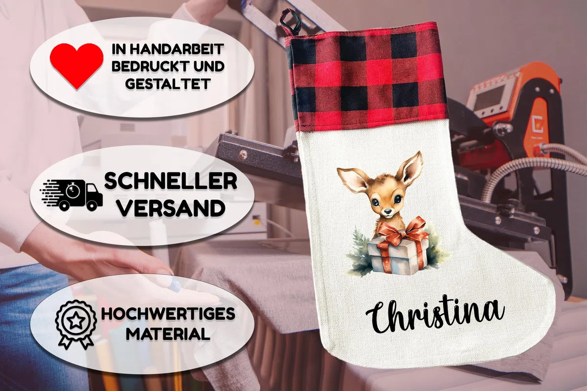 LIEBTASTISCH - Personalisierte Weihnachtssocken mit Tieren - 40cm x 30cm - Weihnachtsstrumpf zum Nikolaus oder Weihnachten - Namen - Geschenkbeutel - Nikolausstiefel zum Aufhängen (REH)
