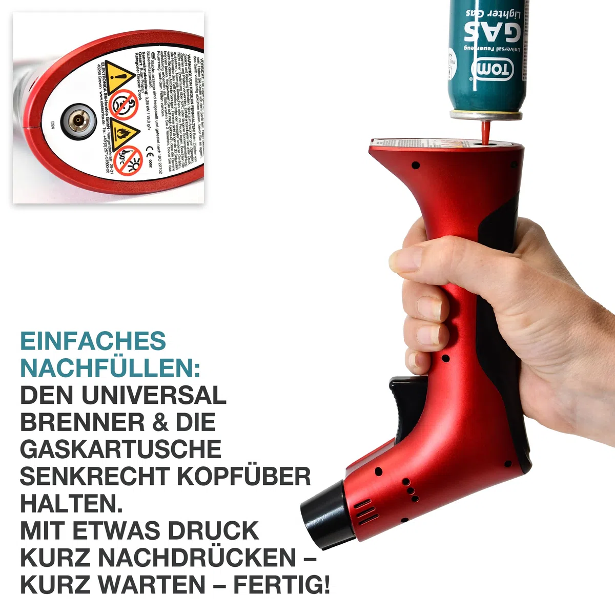 TOM Flambierbrenner Set MIT Gas befüllt + 1 x Butangas Kartusche – Profi Gasbrenner mit Sicherheitsschloss für Küche, Haushalt, Camping & Werkstatt – nachfüllbar – in zwei Farben – Jetflame (Rot)