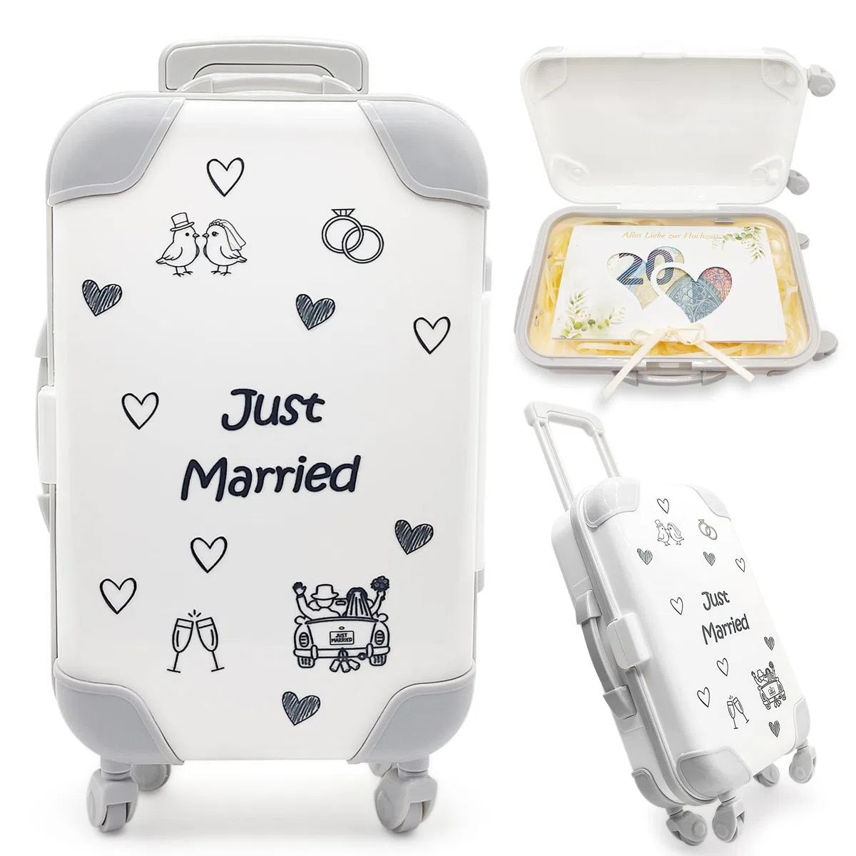 Dumeher Geldgeschenk Hochzeit Trolley Koffer Geldkoffer “Just Married” Hochzeitsgeschenke für Brautpaar Geldgeschenke Verpackung mit Geschenkbox und Geld Hochzeitskarte