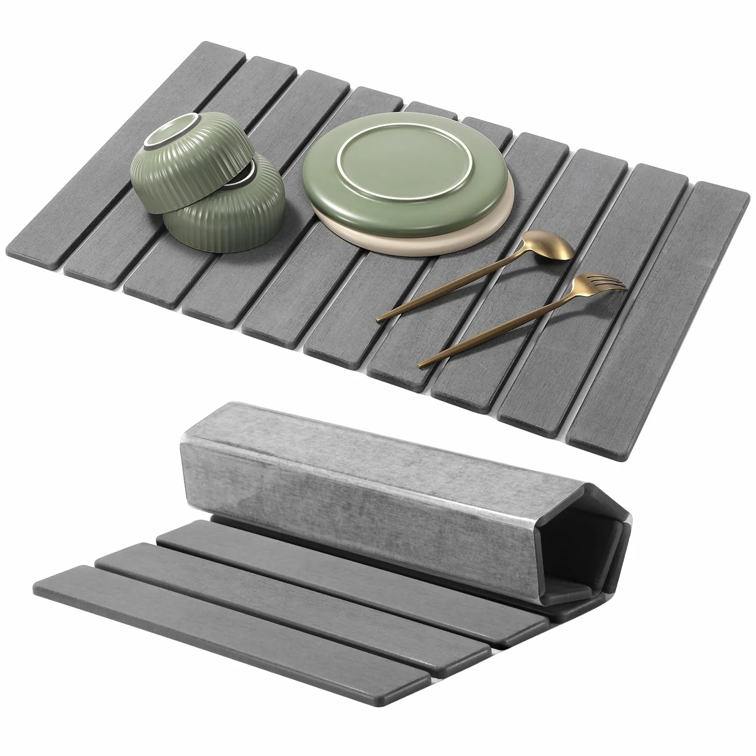 Abtropfmatte Geschirr, 60x40cm Wasserabsorbierende Kieselgur Matte Küche, Faltbare Spülbeckenmatte Abtropfmatte Kaffeemaschine Schnelltrocknende Matte Küche für Geschirr Tassen (Dunkelgrau, 60x40cm)