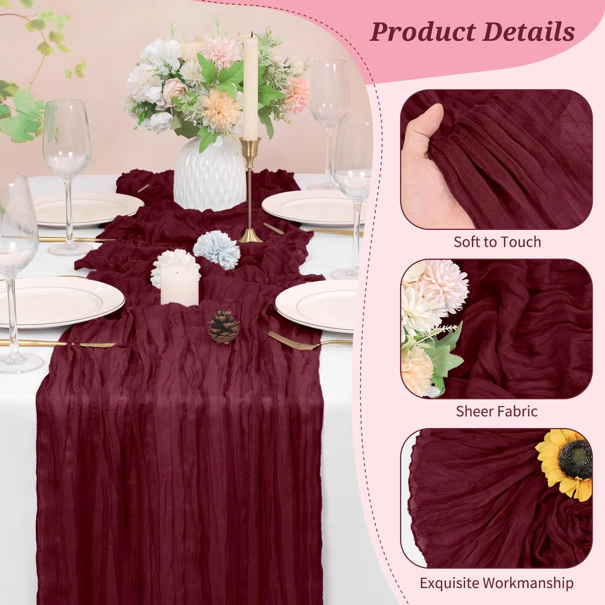 6 Stück Burgund Käsetuch Tischläufer 45 x 275 cm rustikaler Gaze Stoff Tischläufer Romantisch Hochzeits Seihtuch Tischläufer für Hochzeiten, Festivals, Jubiläum, Abendessen, Outdoor -Partys