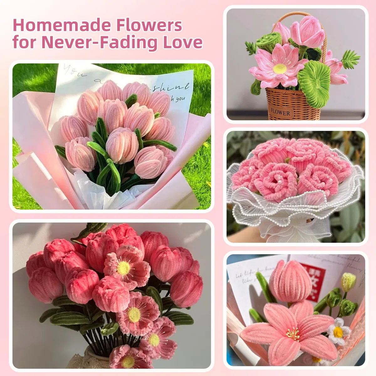 600 Stück Pfeifenreiniger Blumen Set | Pfeifenputzer zum Basteln in 6 Farben mit 30 Blumendraht & Geschenkband für Kreative DIY Blumensträuße (Rosa)