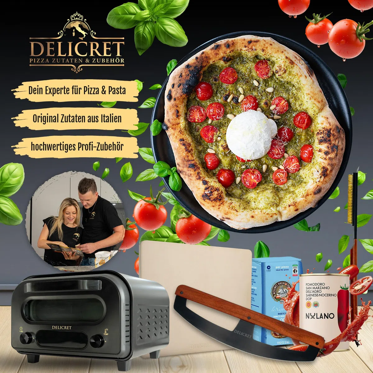 DELICRET "Black Line"- Pizza Wiegemesser | Pizzaschneider mit Akazienholtgriff & scharfer Edelstahlklinge