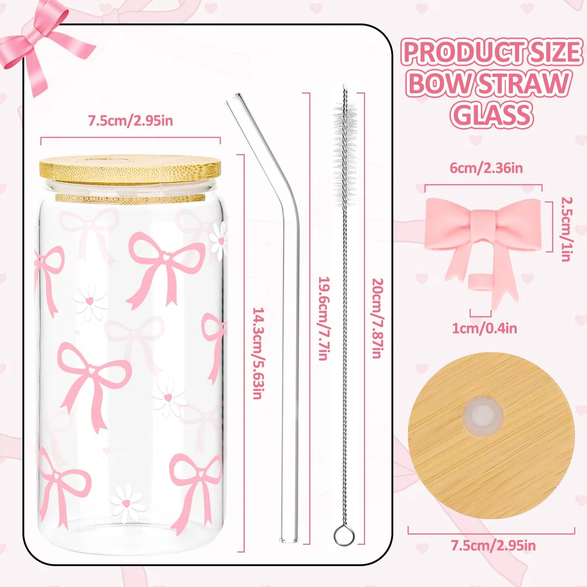 2 Stück 16oz Trinkbecher mit Deckel und Strohhalm, Rosa Trinkgläser Set Aus Glas mit Schleife, Bogen Design Glasbecher Wiederverwendbar für Bubble Tea, Smoothie, Matcha, Milchshake