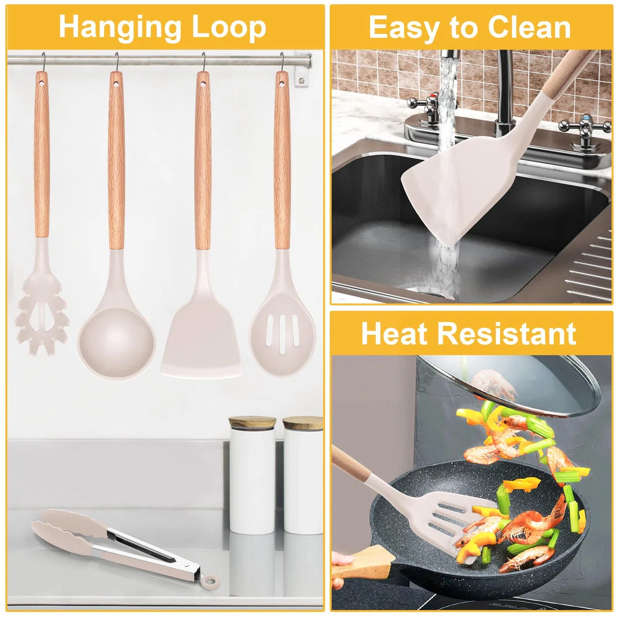 12 Stück Küchenhelfer Set, Silikon Küchenutensilien Set, Antihaft Hitzebeständiger Holzgriff Kochbesteck mit Utensilienhalter, Silikonspatel Kochgeschirr Set, Spülmaschinengeeignet (Khaki)