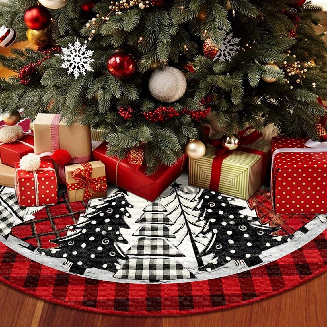 Weihnachtsbaum Decke Rund 122 cm, Rote & Schwarze Büffelkaro, Weihnachtsbaum Motiv, Baumdecke Weihnachtsbaum Teppich Rund für Weihnachtsbaumschmuck, Feiertagsfeiern