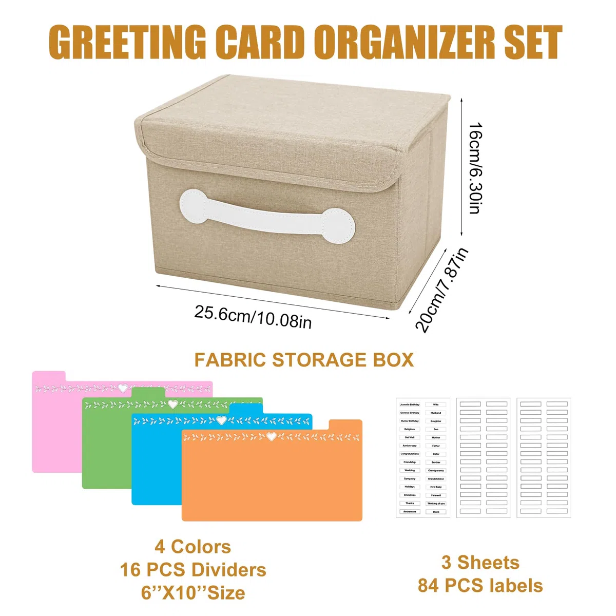 Grußkarten-Organizer-Box mit 16 Trennwänden, faltbare Aufbewahrungsbox, Halter mit Deckel, ideal für Karten, Rezepte, Fotos, Umschläge, Andenken (Beige, 84 Etiketten)
