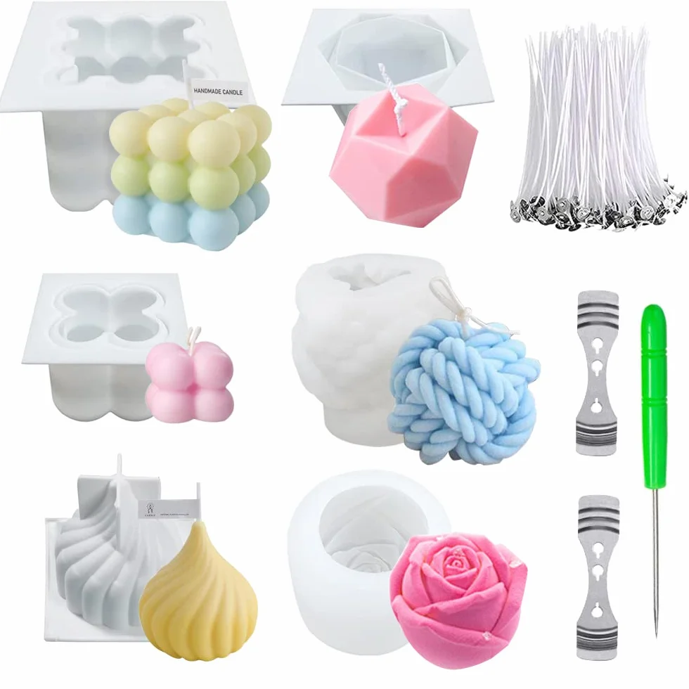 6Pcs Kerzenform Bubble Kerzen Kit, 3D DIY Silikonform Kerzen-Gießen Formen und Kerzendocht Set, GarnBall Rose Kerzenformen zumGießen als Heimdekorationen, DIY Duftkerze, Seife