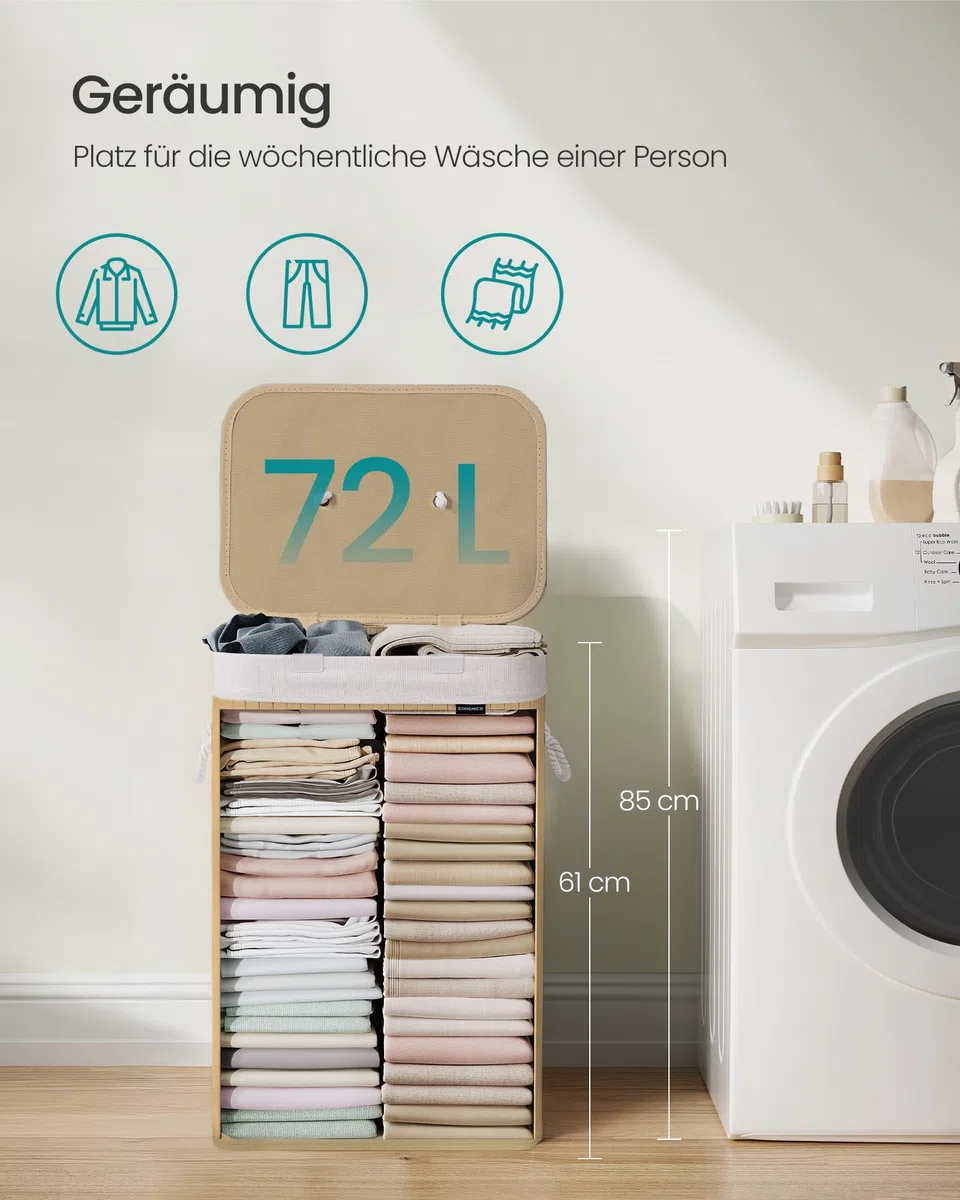 SONGMICS Wäschekorb mit Deckel, 72 Liter, Wäschesammler aus Bambus, faltbar, Wäschesack herausnehmbar und maschinenwaschbar, mit Griffen, für Waschküche, Schlafzimmer, naturfarben LCB10Y
