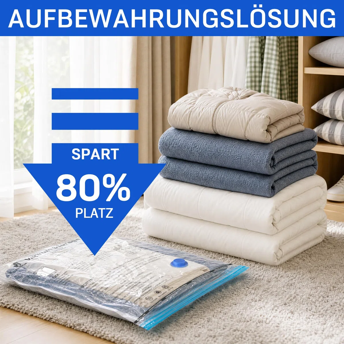 Captainfive Vakuumbeutel für Kleidung und Bettdecken, 12 Stück Vakuumierbeutel 3 Größen ((4*100x80cm + 4*80x61cm + 4*60x41cm), Vacuum Bags for Clothing mit 1 Handpumpe, Aufbewahrungsbeutel