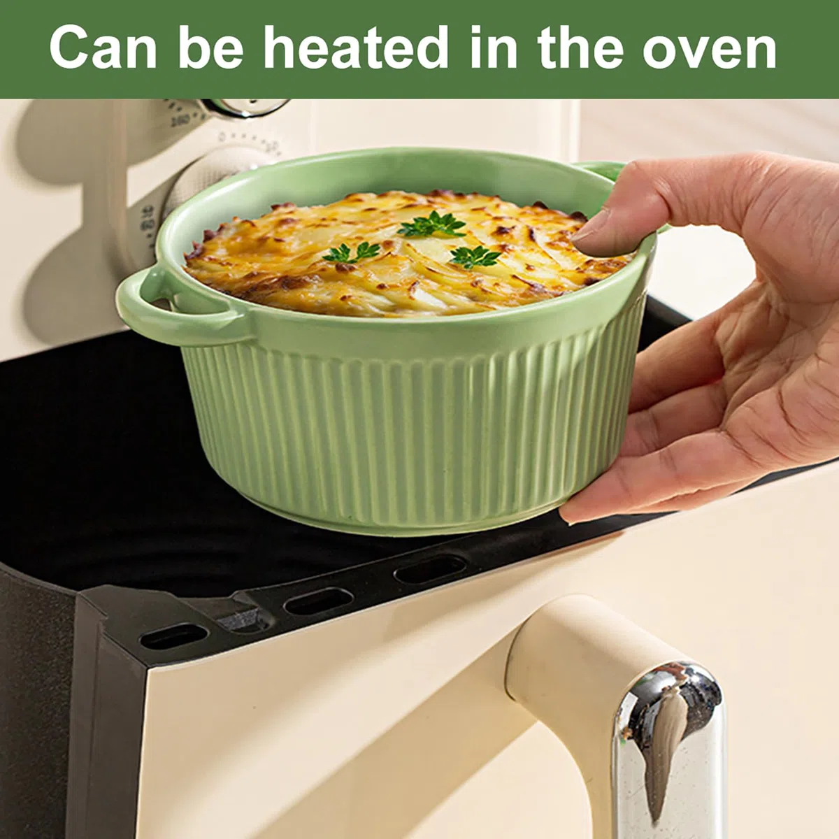 2er Mini Cocotte mit Deckel 250ML, Runde Auflaufform Klein, Keramik Auflaufformen mit Griffen für Lasagne, Soufflé, Gemüse, Creme Brûlée, für Heißluftfritteuse, Backofen, Mikrowellenherd, Grün