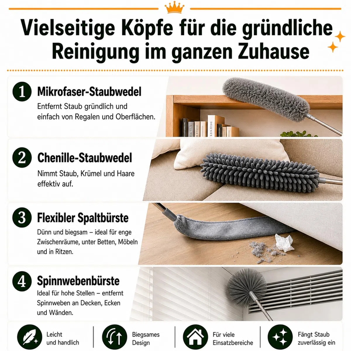 Staubwedel Teleskop 250 cm, 7-teiliges Waschbares Mikrofaser-Reinigungsset, Staubwischer lang ausziehbar, Spinnenwebenentferner für hohe Decken, Jalousien & Ecken