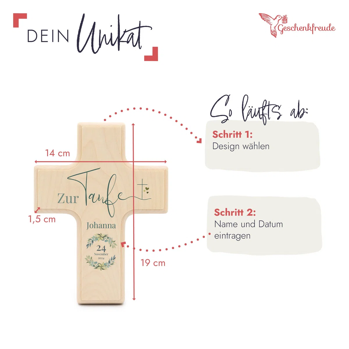 Taufkreuz personalisiert mit Namen zur Taufe aus Holz - 19x14cm - Taufgeschenk für Junge/Mädchen - Geschenkideen zur Taufe - Deko Kruzifix Wandkreuz für Kinderzimmer - UV-Druck - Kranz - blau