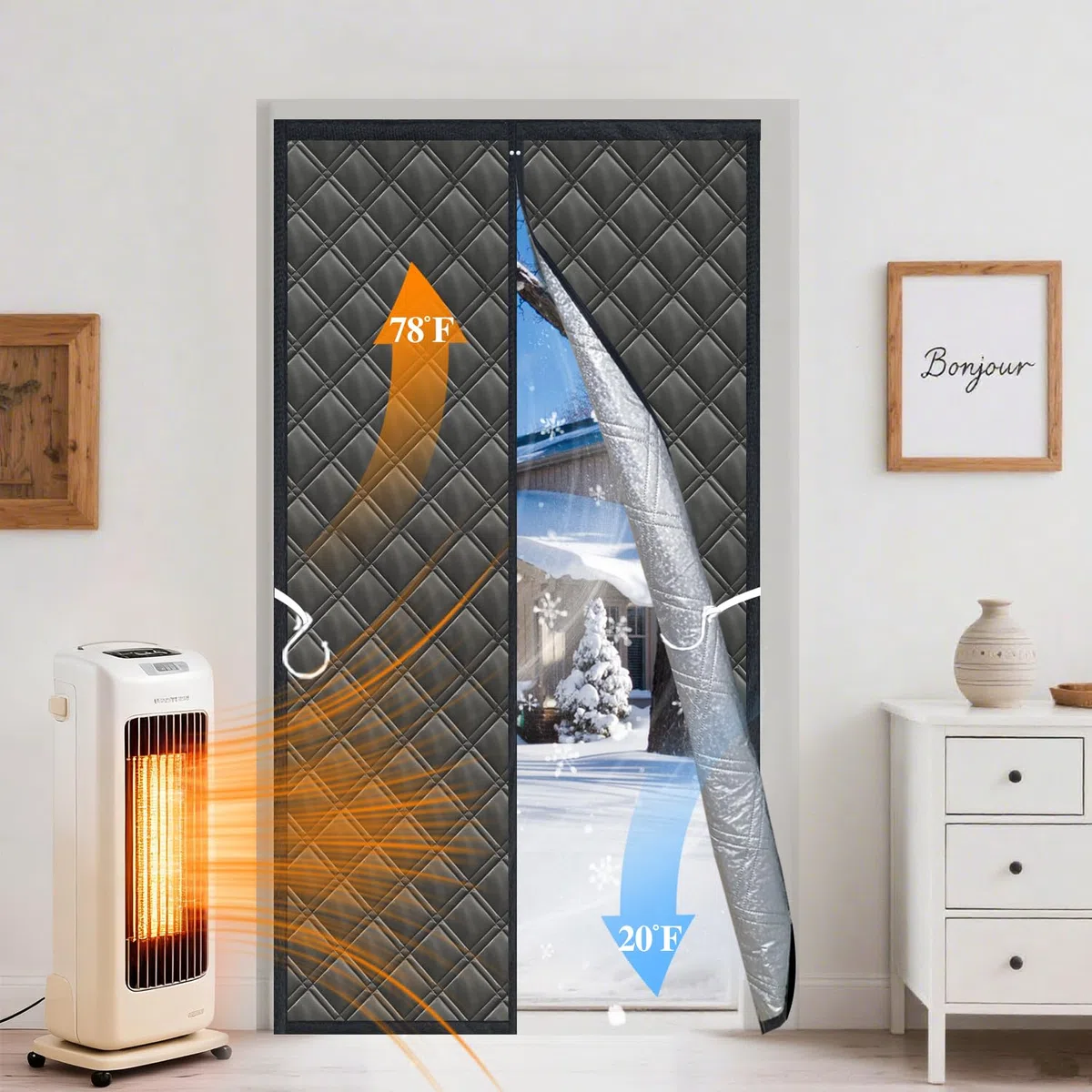 Magnet Wärmeschutzvorhang für Türen 96x210 cm - 3-fach verstärkter Winter-Isoliervorhang aus Oxford-Stoff, Baumwolle & Alufolie. Blockiert Kälte, Wind und Wärmeverlust. Schwarz