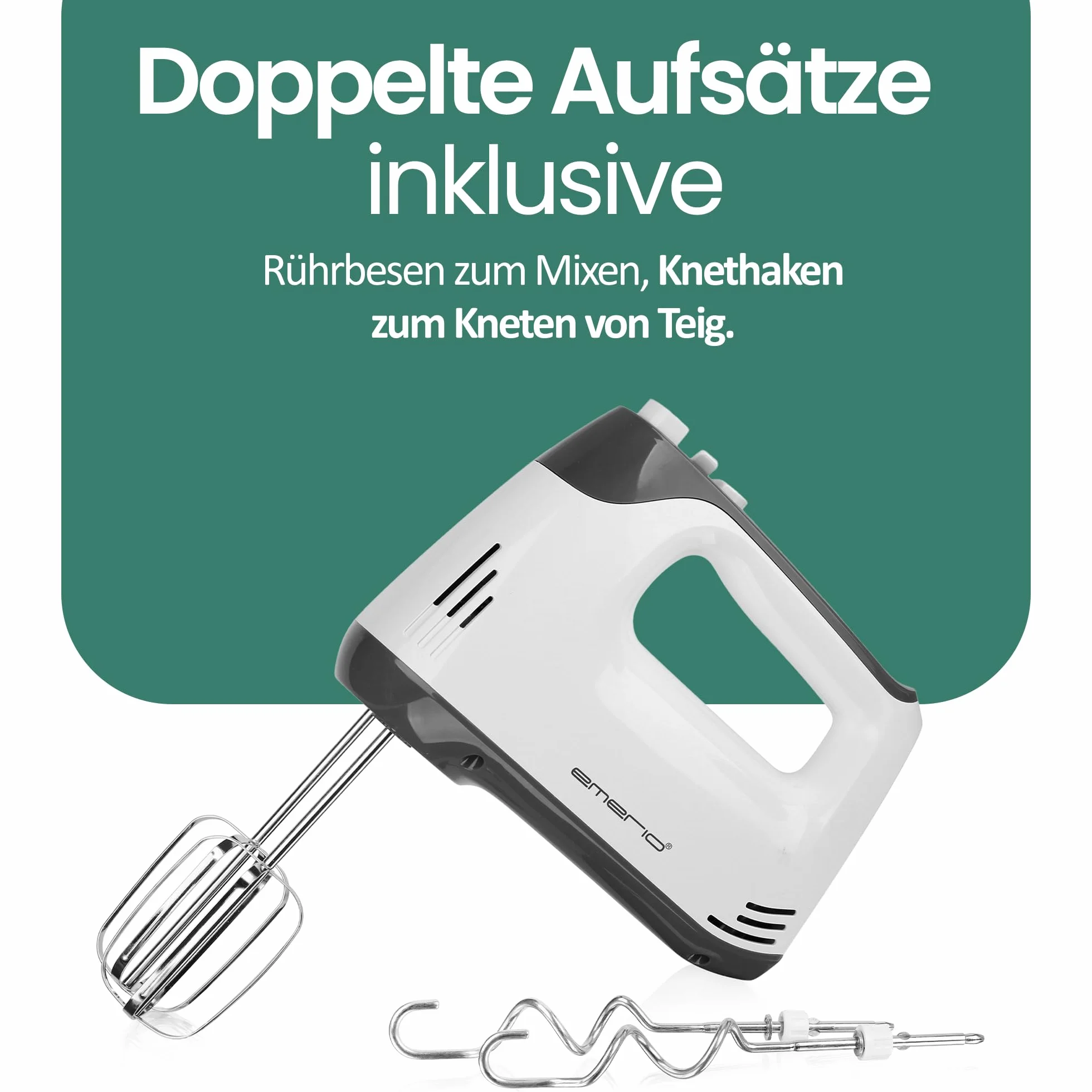 EMERIO elektrischer Handmixer Handrührer Mixer Handrührgerät mit 400 Watt 5 Geschwindigkeiten & Turbotaste extra lange Schneebesen + Knethaken aus Edelstahl (geschirrspülgeeignet) BPA-frei HM-130365