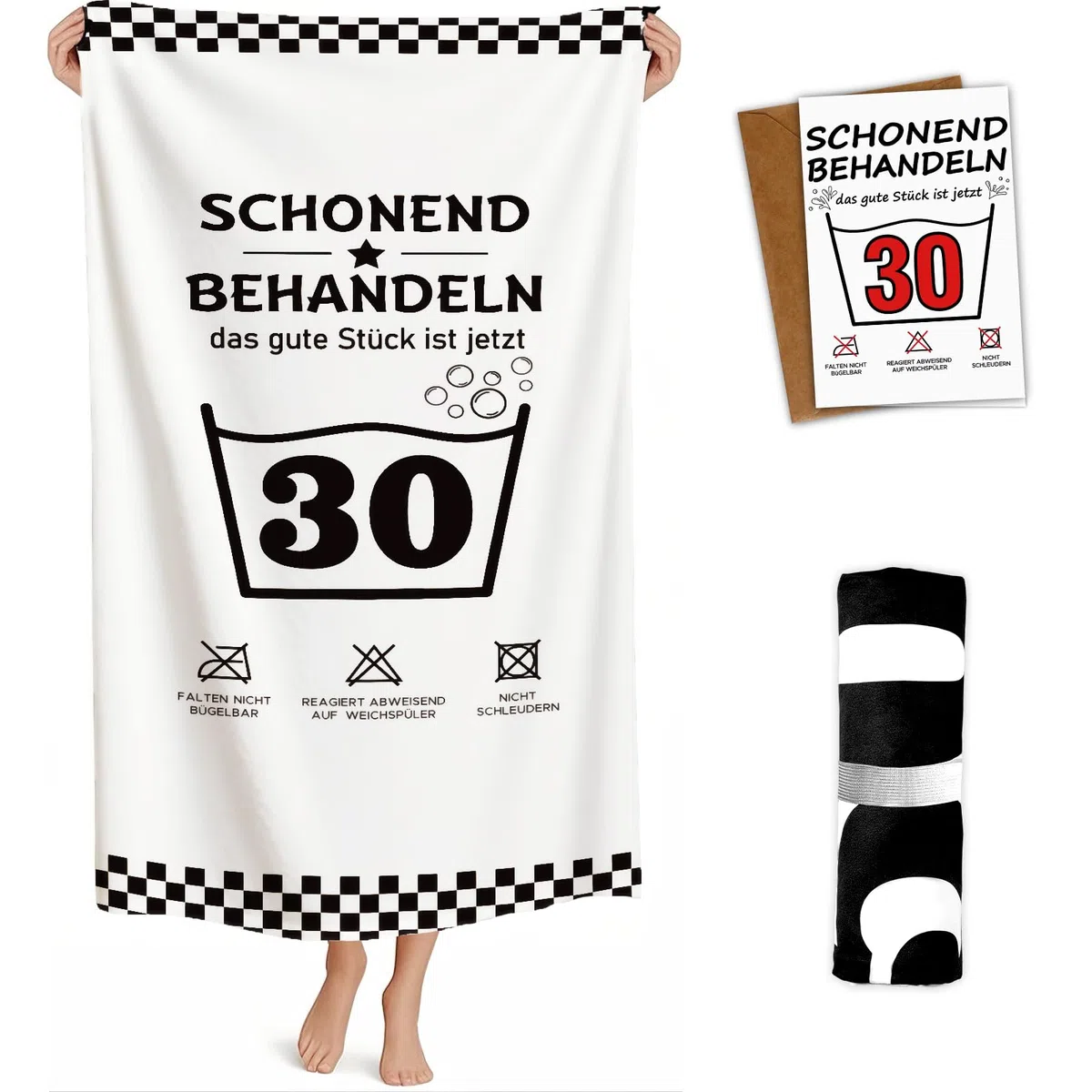 Giftota Lustige Geschenk 30 Geburtstag Männer Frauen - 160 x 80 cm Mikrofaser Strandtuch & Badetuch mit Geburtstagskarte 30, Strandhandtuch Schnelltrocknend - Schonend Behandeln 30