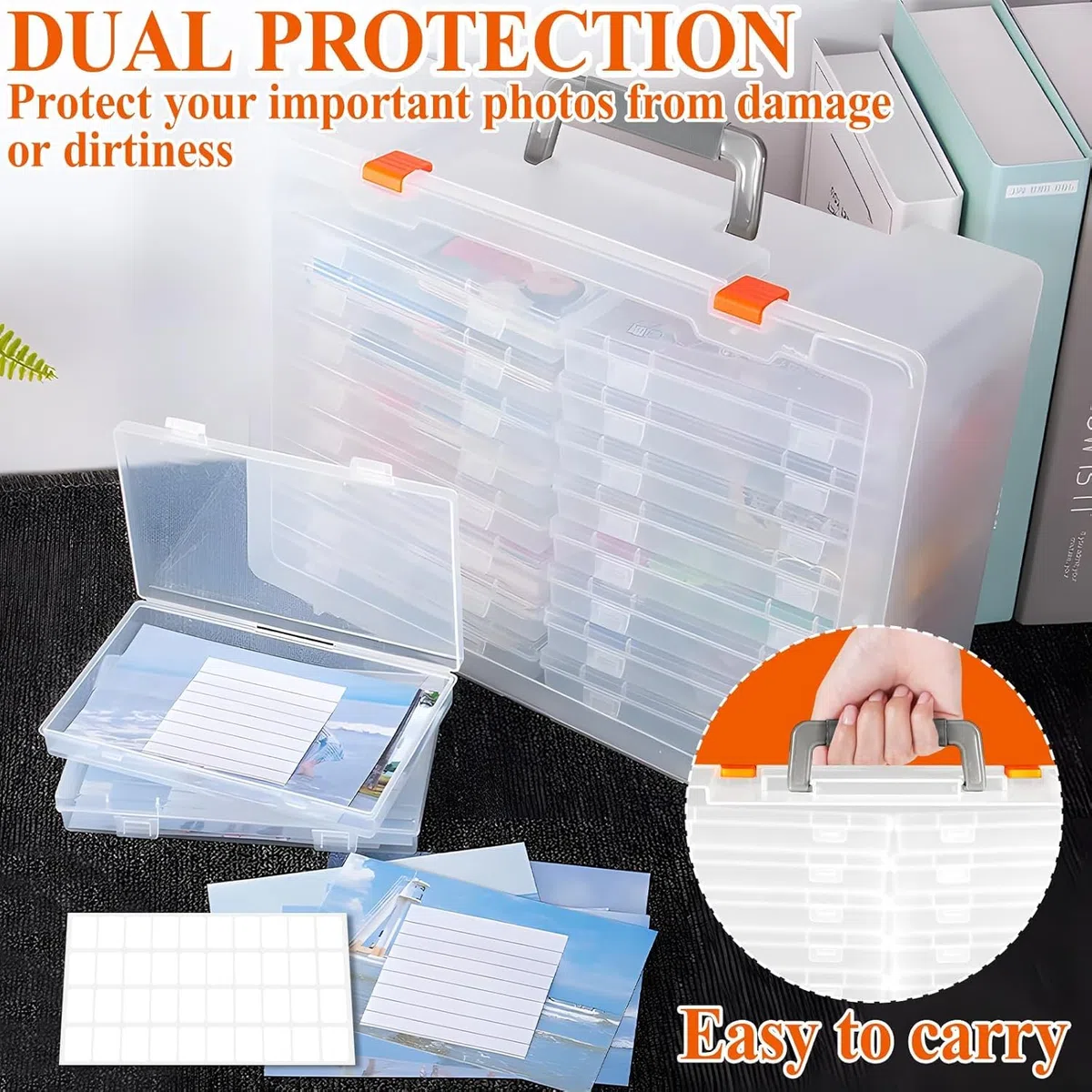 Fotoaufbewahrungsbox mit 18 innere Fotohalter, 17 x 10 x 2,5 cm Fotoetui, mit Aufklebern, Durchsichtige Fotoboxen zur Aufbewahrung für Saatgut, Karten, Handwerk, Aufkleber, Bürobedarf