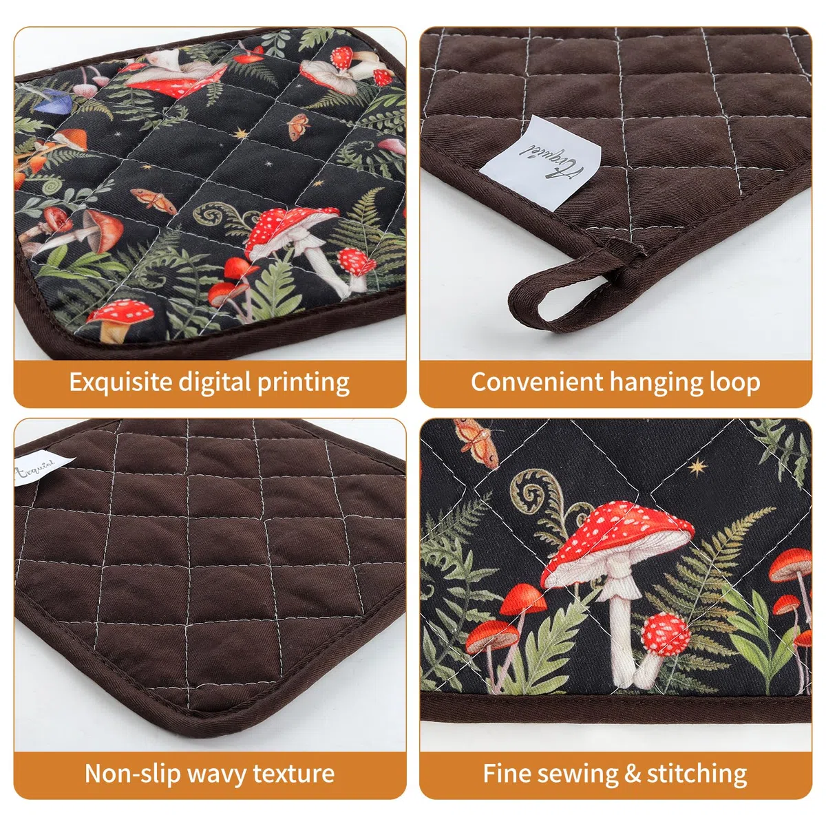 Ofenhandschuh und Topflappen Pilz 4er Set, 100% Baumwolle Kochhandschuhe, Hitzebeständiger Küchenhandschuh Zum Kochen Backen Grillen Geschenk
