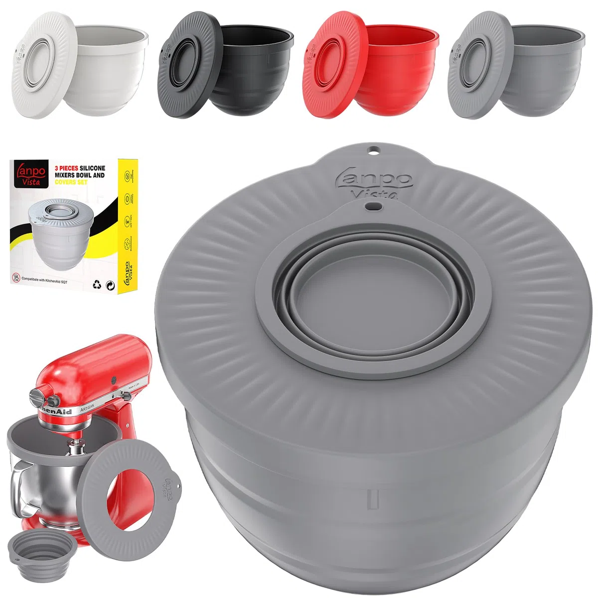 Kitchen Aid Zubehör, Lebensmittelechter Silikon Spritzschutz, Rührschüssel Abdeckung für 4.5-5 QT Artisan Kipp-Kopf Standmixer, 3-in-1 Silikon Mixerschüssel Set,Geschenkbox