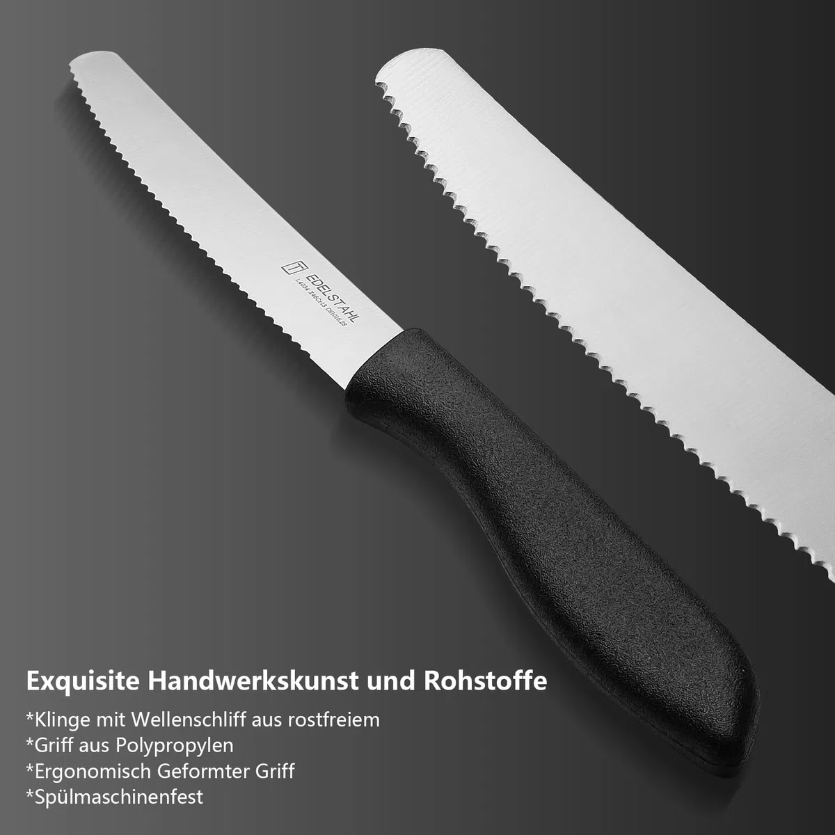 Frühstücksmesser 12-teilig,Brötchenmesser mit Wellenschliff, Brotzeitmesser,Tomatenmesser,Buttermesser,Scharfes tafelmesser wellenschliff,Spezialklingenstahl,Spülmaschinenfest,schwarz