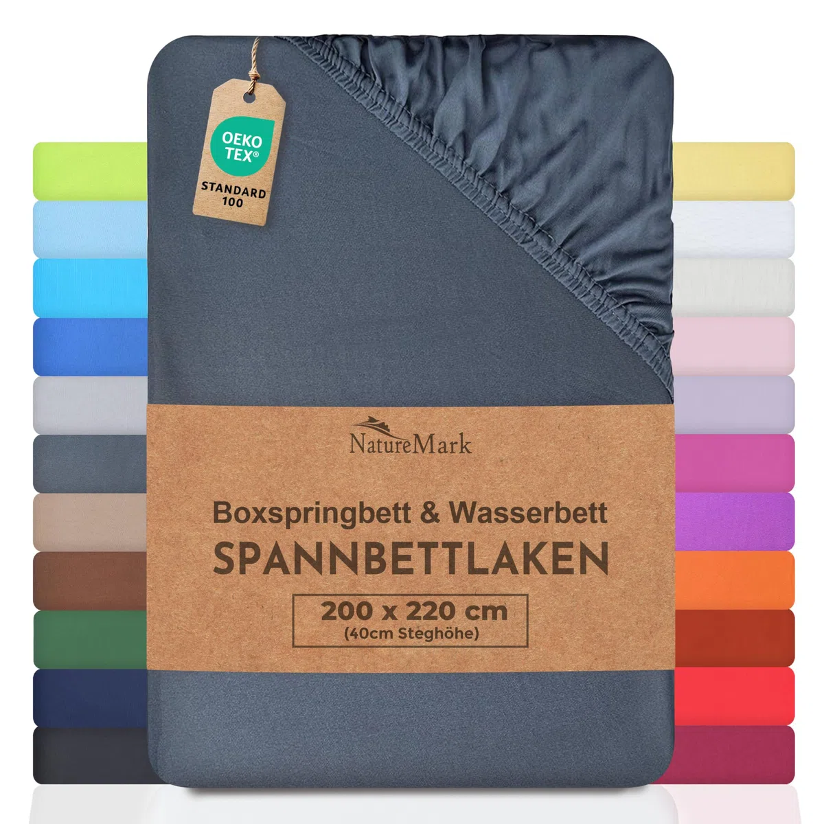 NatureMark Basic Boxspringbett & Wasserbett Spannbettlaken 200 x 220 cm - 40 cm Steghöhe - 200x220cm Spannbetttuch - 100% Baumwolle, Anthrazit/Dunkel grau