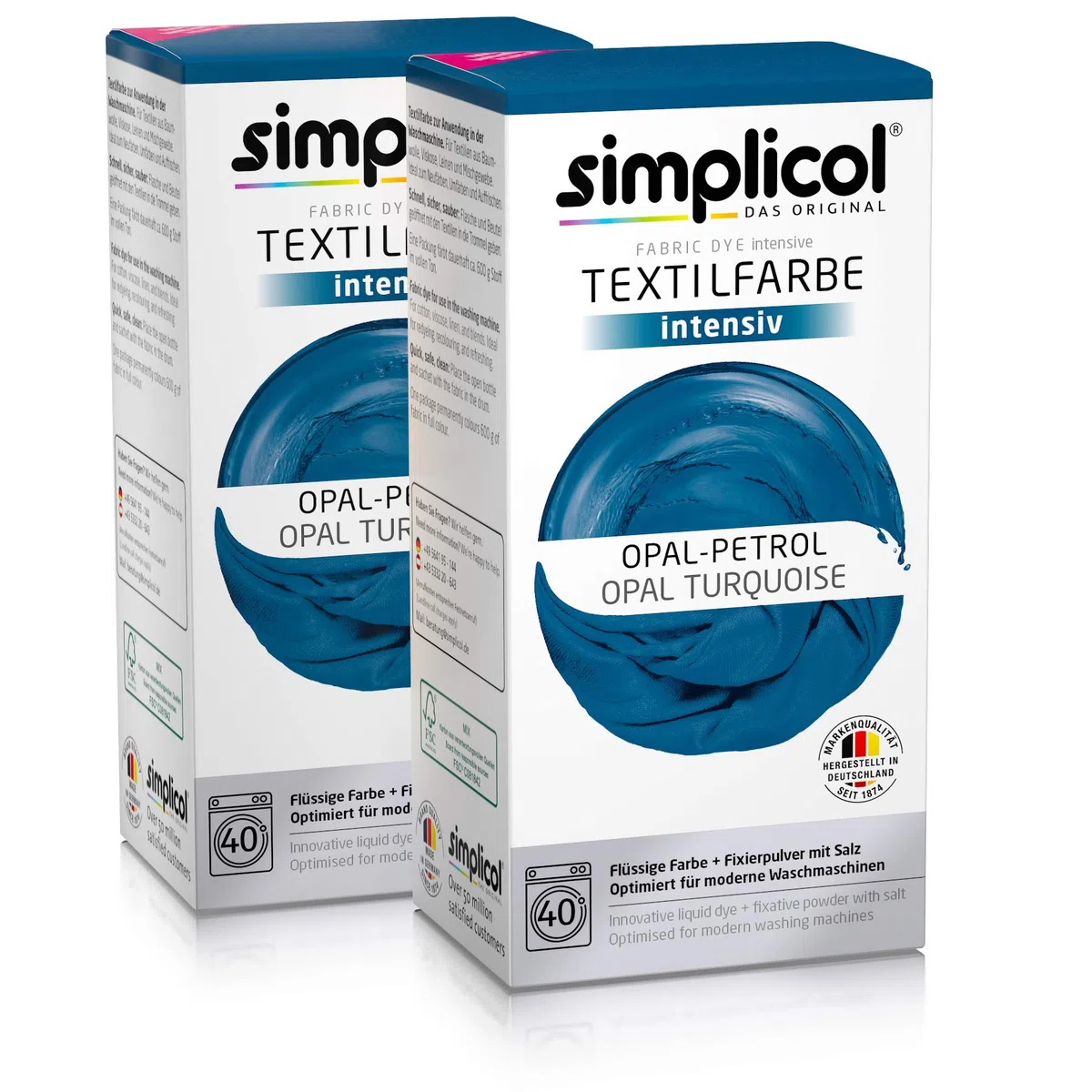 Simplicol Intensive Textilfarbe Express Maschine (Flüssigfarbe + Fixiersalz), Petrolblau, 2 Stück