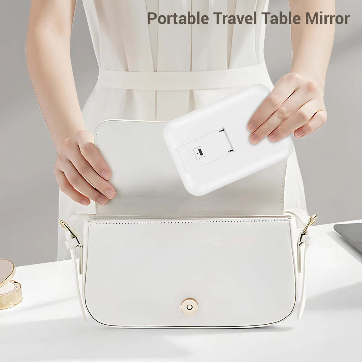 Kintion 15,5 x 10,7cm Spiegel mit Beleuchtung Klein, LED Tragbarer Tischspiegel, Dimmbare 3 Farbmodi, Wiederaufladbarer Schreibtisch-Kosmetikspiegel für Handtasche, Geschenke für Mädchen, Weiß