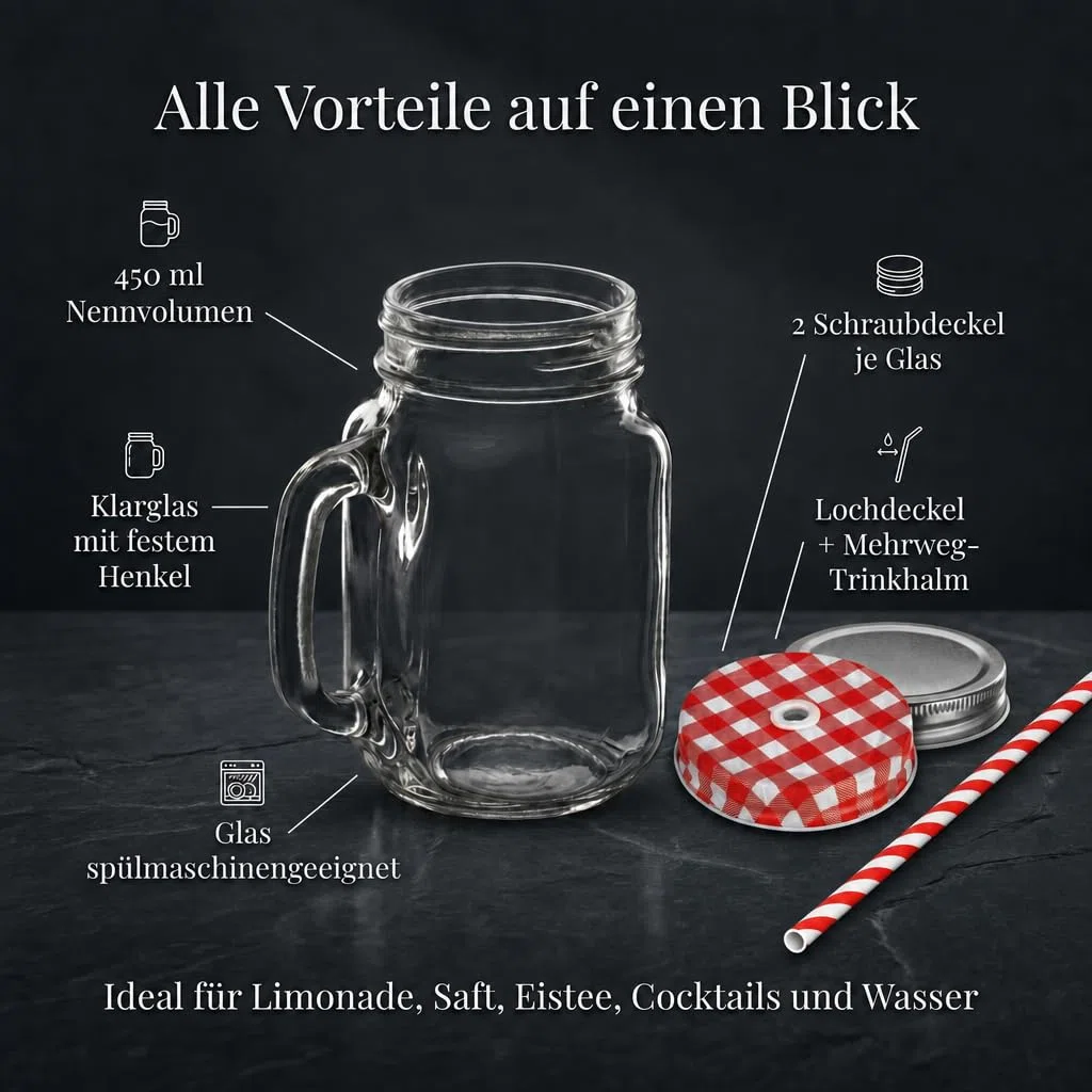 gouveo 6er Set Trinkglas 450 ml (0,45 l) mit Henkel und Schraubdeckel silberfarben + rot – Henkelglas mit Mehrweg-Trinkhalm aus Hartkunststoff für Garten, Bowle, Cocktails (TGH450SR)