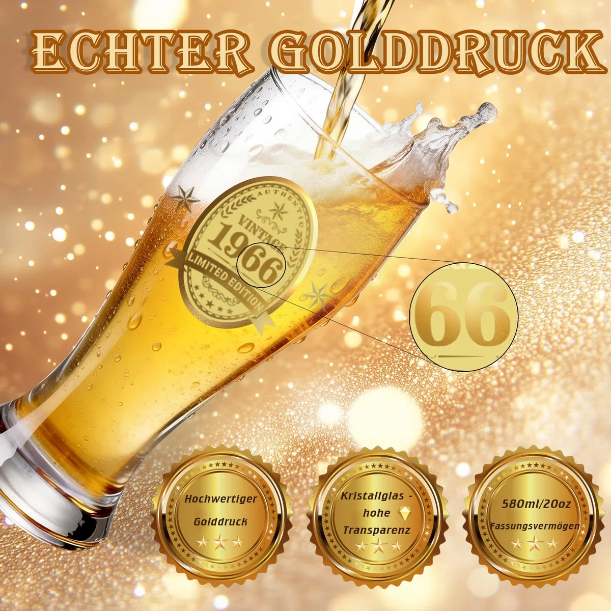 60. Geburtstag für Männer, Vintage 1966 Geburtstagsgeschenke Männer, 60 Geldgeschenke Geburtstag Frau Mann, 1966 Bierglas Gravur mit Flaschenöffner, Holzkissen, Geschenkkarton, Grußkarten, 580ml