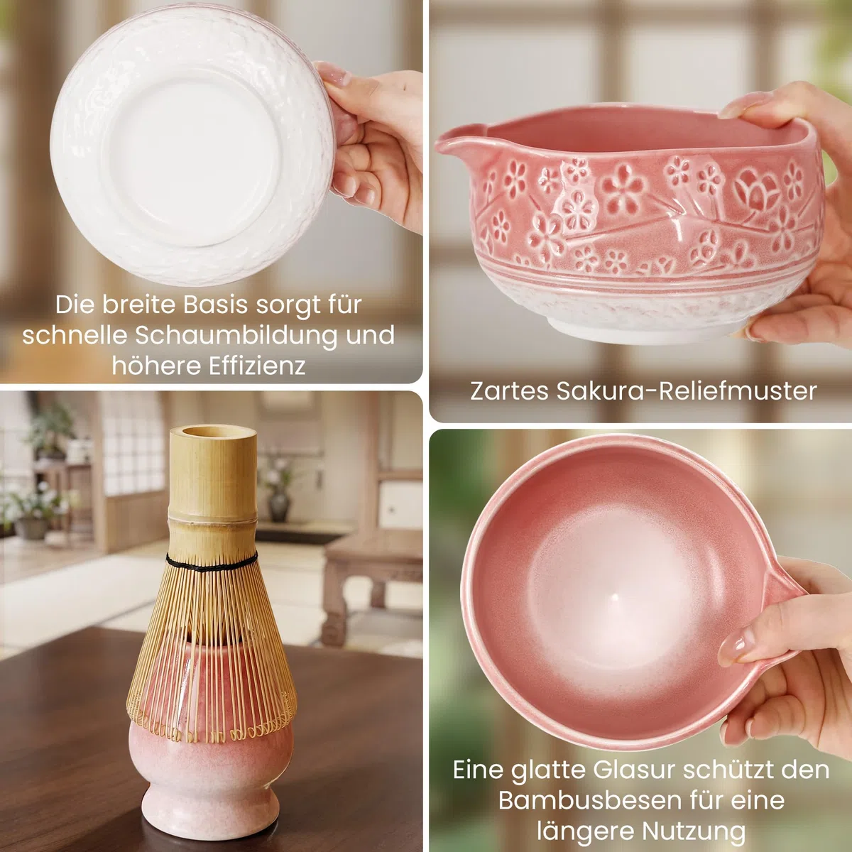 Matcha Set Rosa, 7 Teiliges Matcha Besen Set, Bambusbesen und Besenhalter, Keramik Matcha Schale, Sieb, Löffel und Halter zubehör, Japanisches Teezeremonie Set für Starter - Farbverlauf Pink
