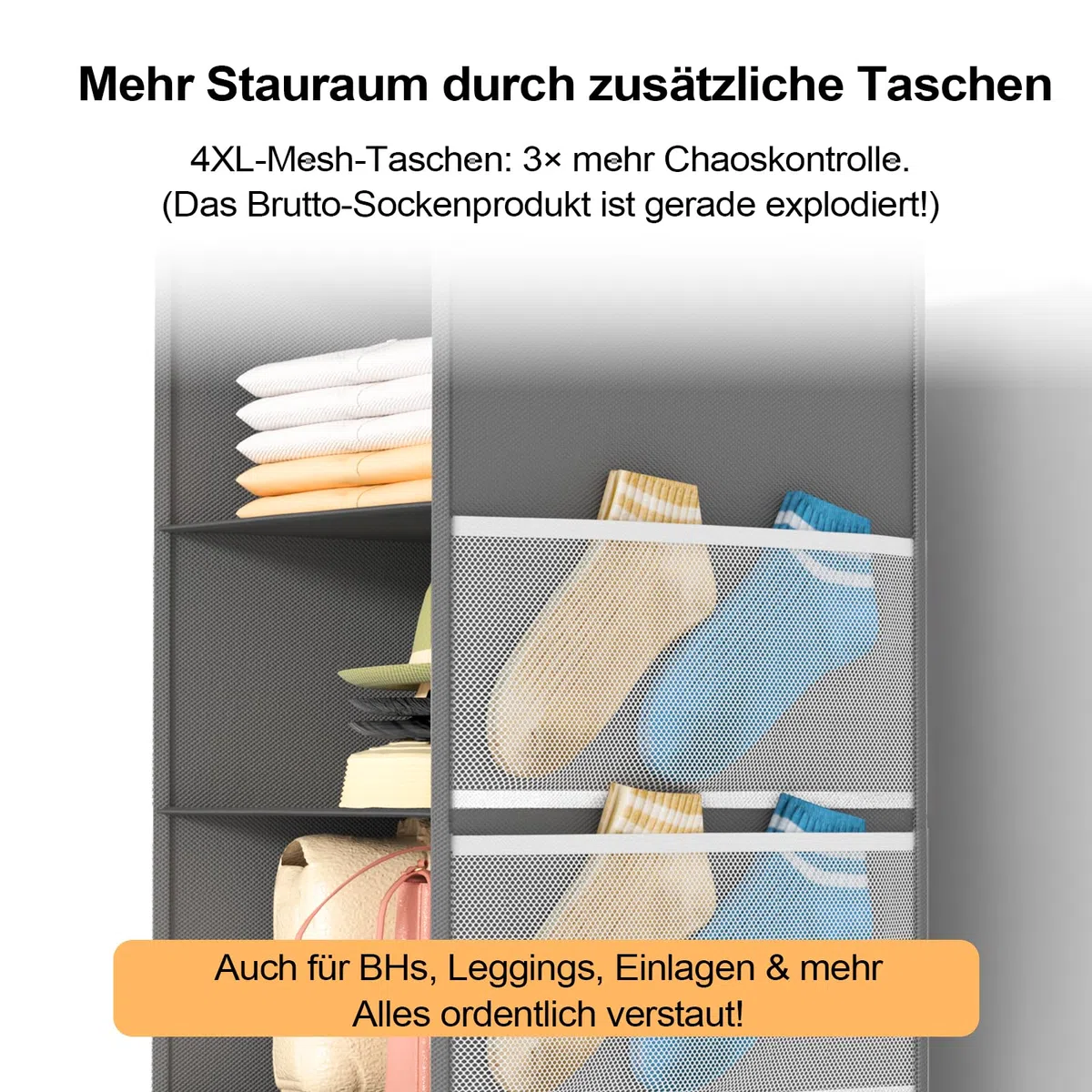 ALLTIDYUP Extra tiefer Hängeorganizer, Kleiderschrank Organizer Aufbewahrung 6 Fächer, Mesh-Taschen, stabil, platzsparend, ideal für Studentenwohnheim, Wohnmobil, Grau, 1 Stück