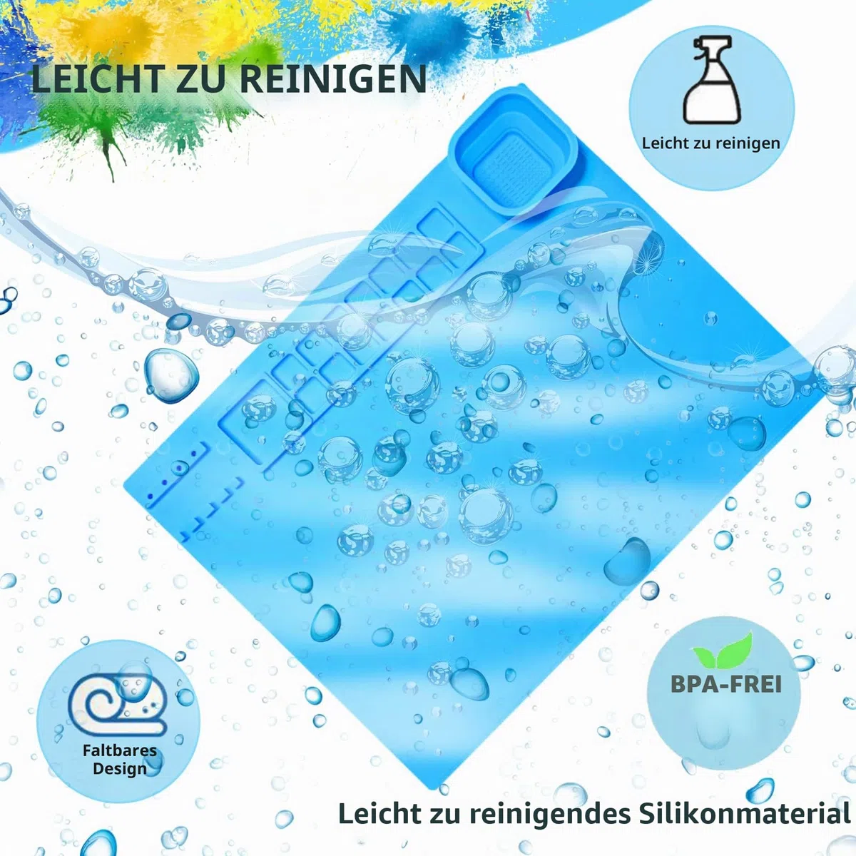 Silikon Malmatte, Unterlage Bastelmatte Silikon Zusammenklappbar, Antihafte rutschfeste Tischmatte für Crafting Aquarell Malerei Schneiden Kunst Schöpfung Ton und DIY-Projekte (Blau)