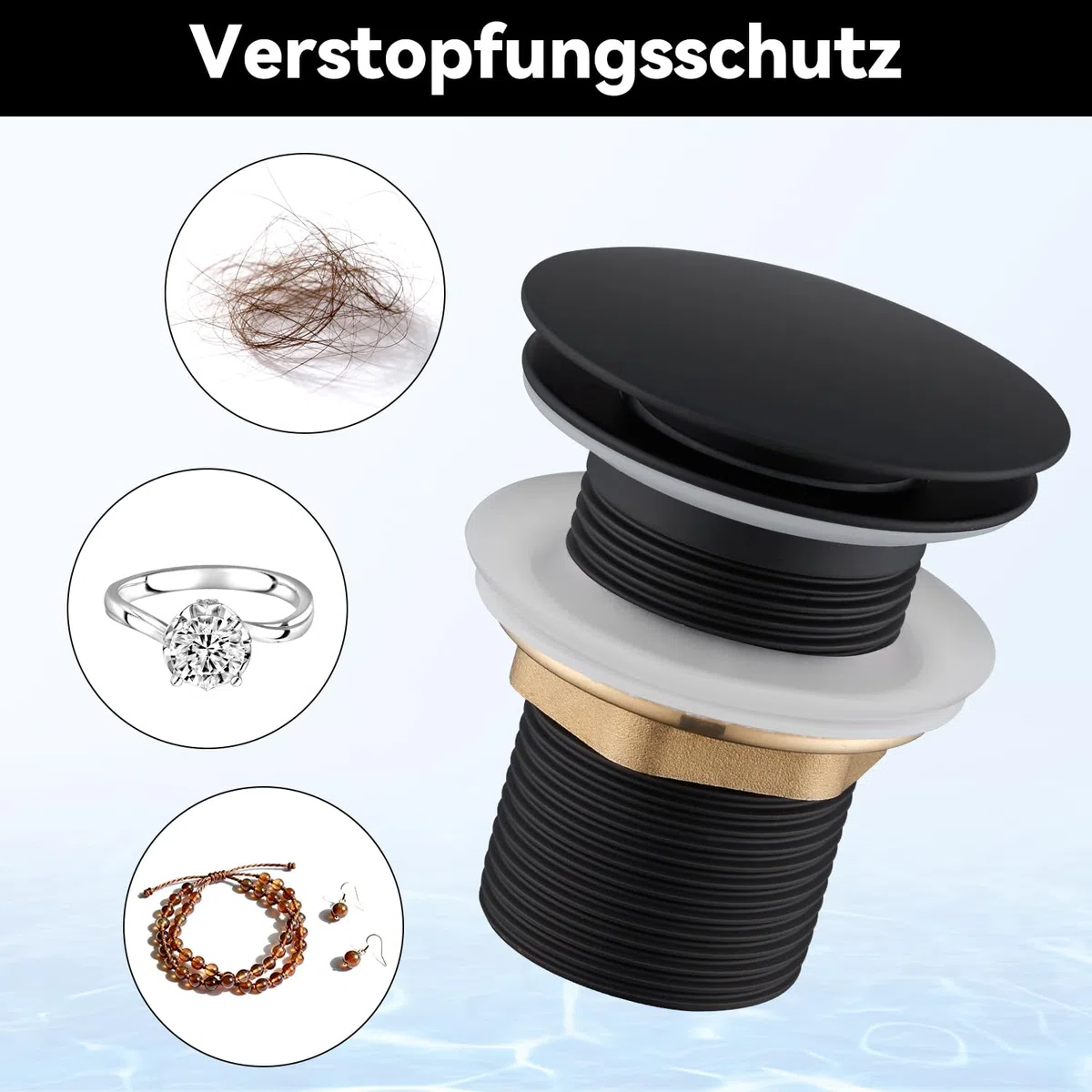 Ablaufgarnitur Waschbecken Schwarz ohne Überlauf, Pop Up Ventil Ablaufgarnitur für Waschtisch Universal 1 1/4 Zoll, Ablaufventil Badezimmer Waschbeckenstöpsel