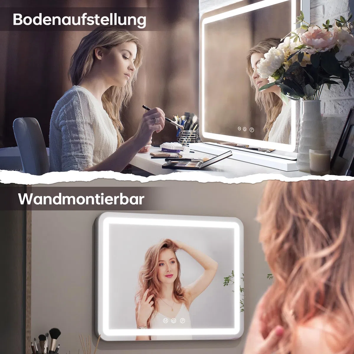 ZL ZELing Kosmetikspiegel mit Lichtern, 58,4 cm großer Make-up-Spiegel mit LED-Lichtern, Smart Touch, dimmbares 3-farbiges Licht, Memory-Funktion, USB-Ladeanschluss und Lupe