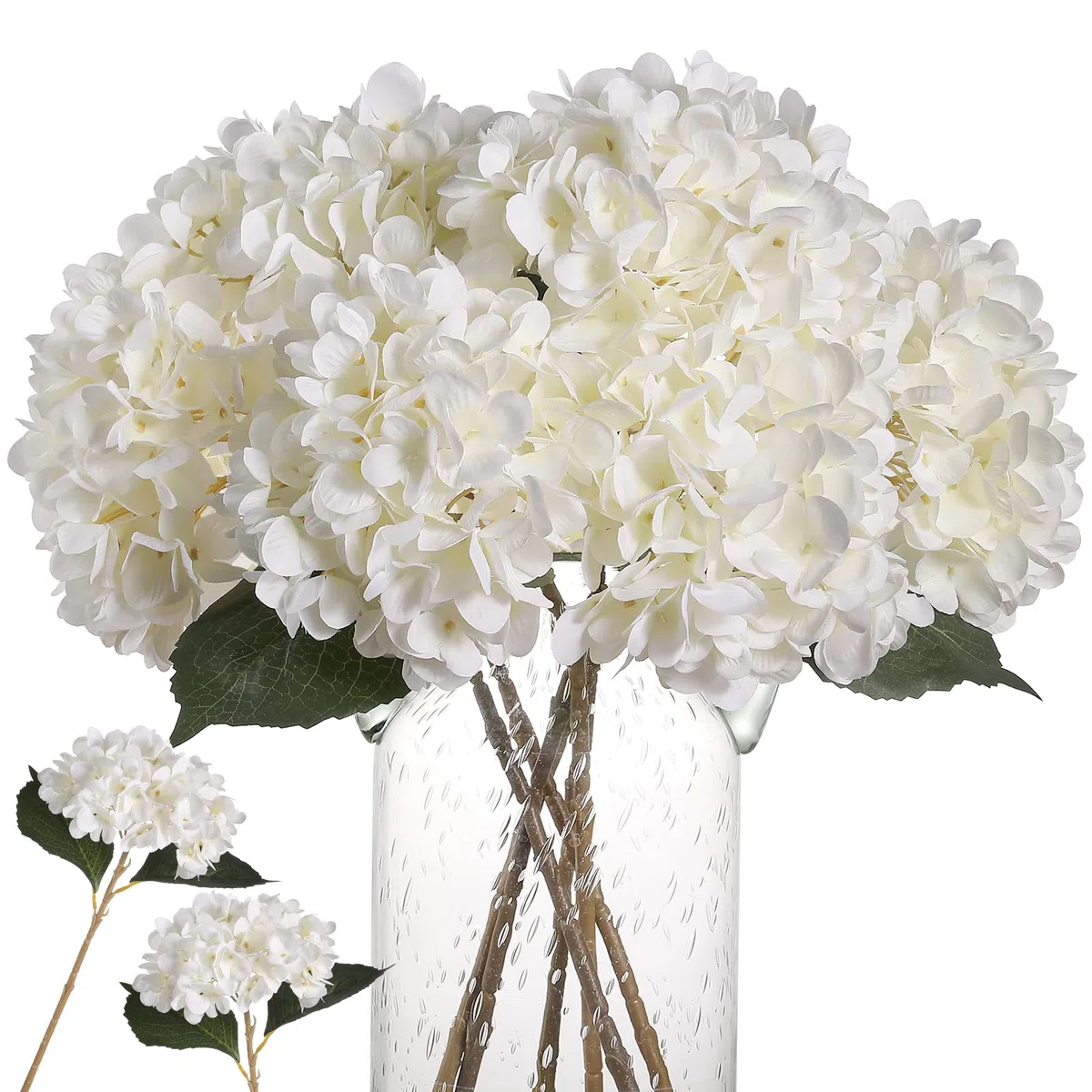 Kisflower 6Pcs Seiden Hortensie Künstliche Blumen Realistische Hortensie Blumen Bouquet für Hochzeiten Party Büro Home Decor (Weiß)