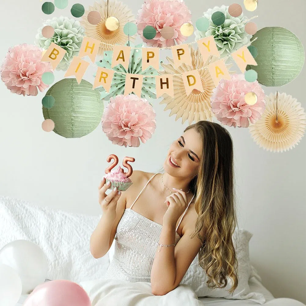Geburtstagsdeko Salbeigrün Hellrosa Mädchen Deko Geburtstag Salbeigrün Rosa Boho Geburtstagsdeko Hellrosa Pastellgrün mit Happy Birthday Banner Beige Gold für Frauen