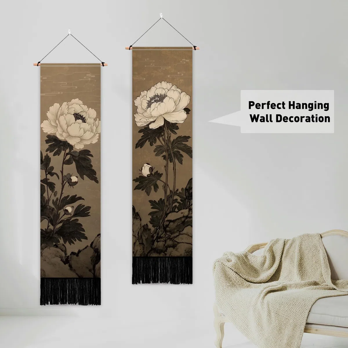 PLIGREAT 2er Pack Japanische Pfingstrose Vertikaler Wandteppich mit Quasten Elegante Blumen Wandbehang für Schlafzimmer Wohnzimmer Warme Lange Schmale Wandbehang Schlafsaal Zimmer Zuhause Kunst Dekor