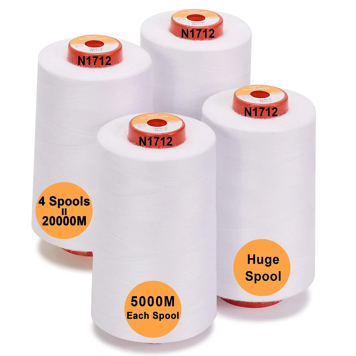 New brothread - 28 Optionen - 4 Große Konen 5000M Allzweck Polyester Nähgarn 40S/2 (Tex27) zum Nähen, Quilten, Patchwork, Serger und Overlock - White
