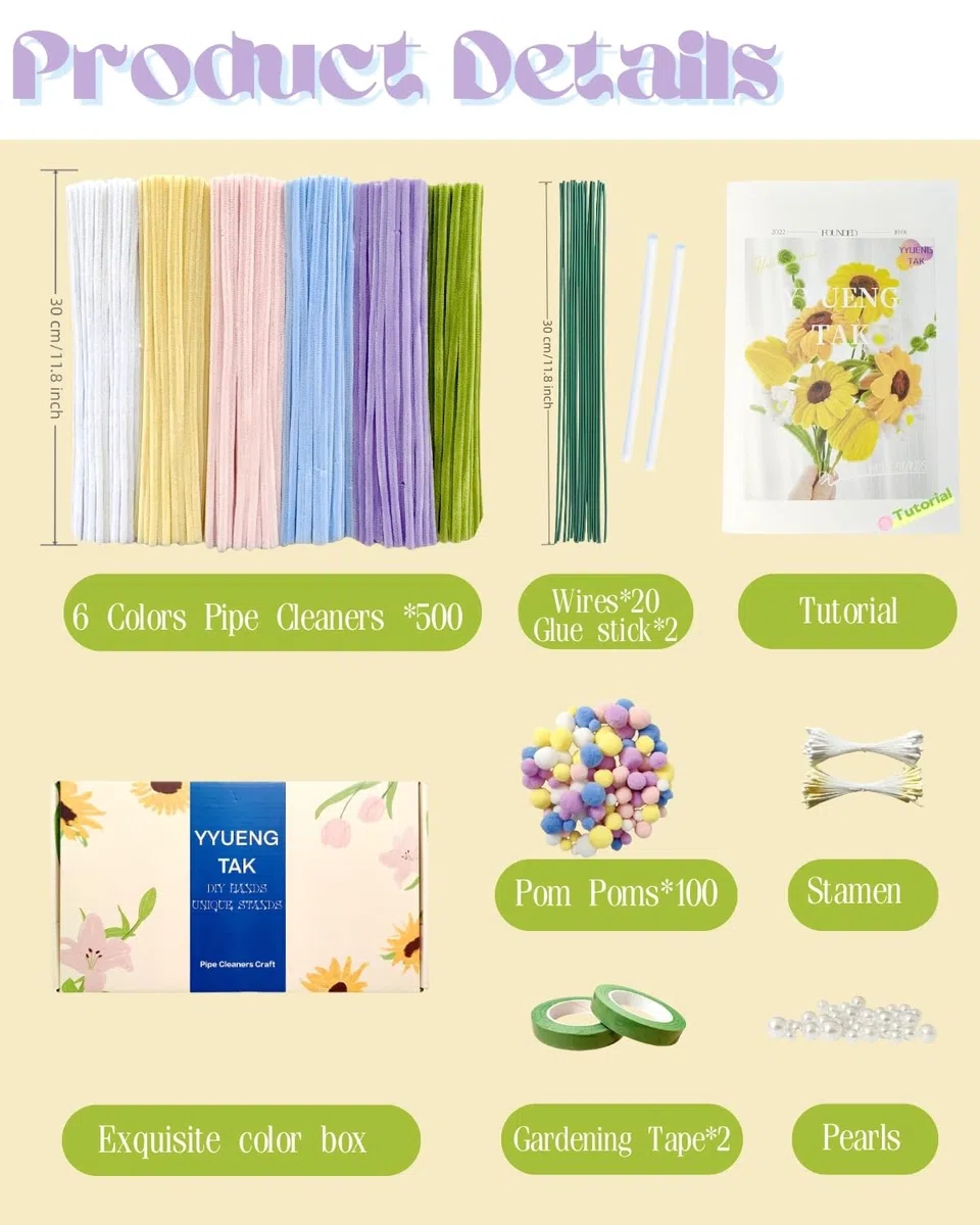 500 Stück Pfeifenreiniger Blumen Set(6 Farben),Pfeifenputzer zum Basteln Blumen,pipe cleaners flower,mit Anweisungen,pompons,20 Stück Blumendraht,2 verschiedene Staubblatt,Klebeband