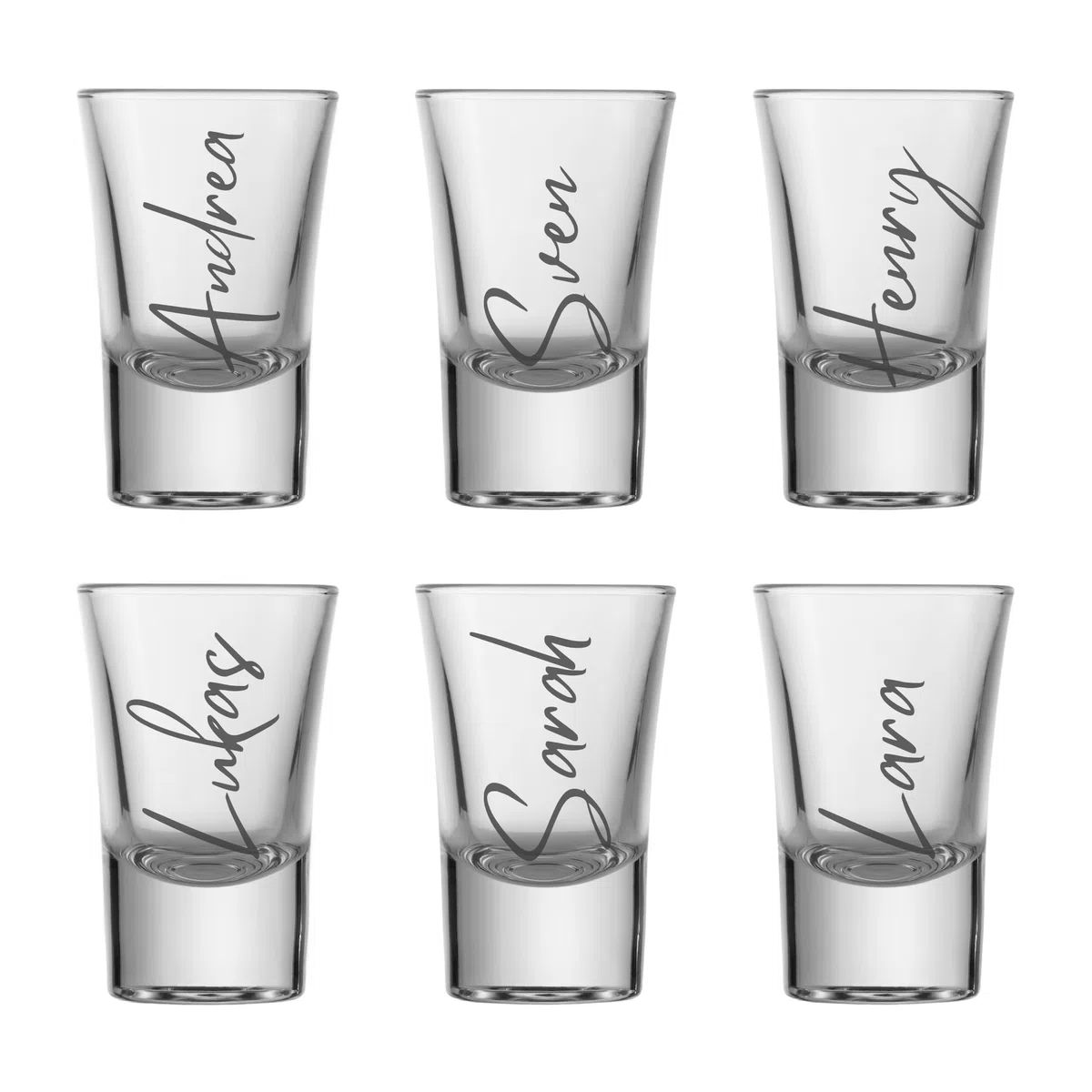 Schnapsglas mit Namen graviert – Lasergravur personalisiert – 4 Schriftarten – Geschenk Geburtstag JGA Hochzeit – Schnapsglas mit Gravur – Handmade in Germany (6er Set)
