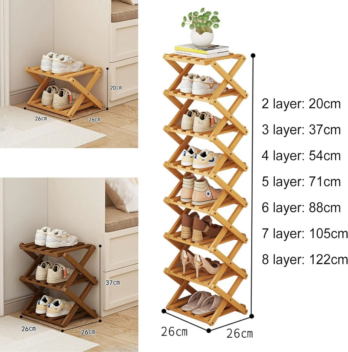 kiss me Vertikales Schmales Schuhregal,Tragbare Holz Schuhregale,Ohne Installation,Bambus Faltbare Schuhe Veranstalter für Korridore, Schlafzimmer, Wohnzimmer, Ecke (Braun, 3 Ebenen)