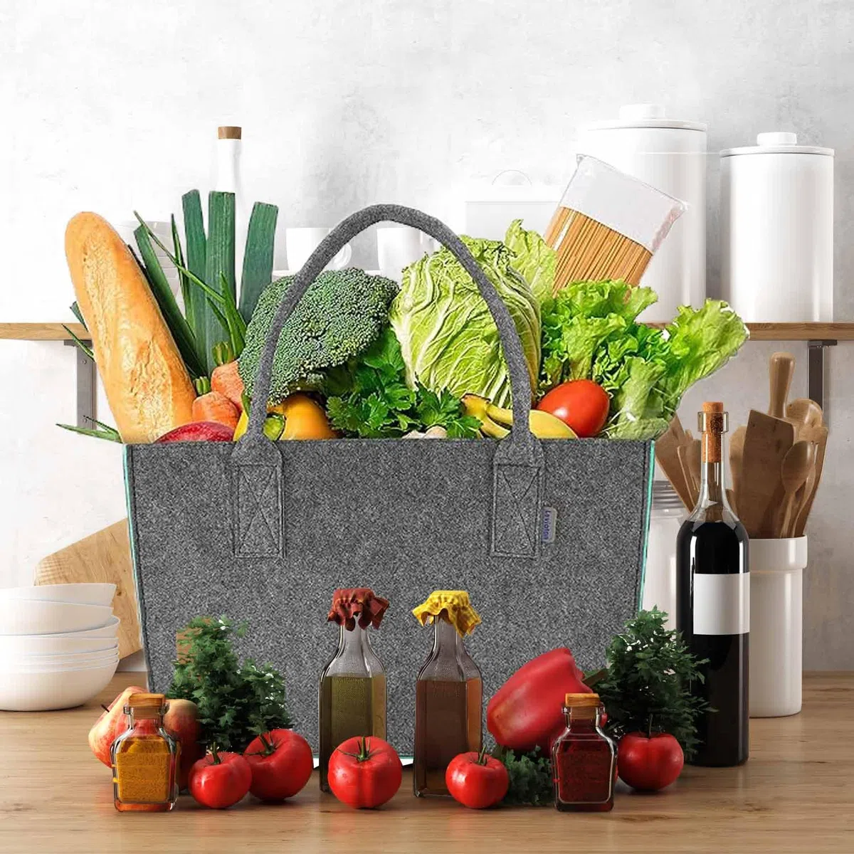2 Stück 30L Filztaschen Shopper Groß, Einkaufstasche Faltbar Filz Einkaufskorb mit Lange Henkel, Stabiler Einkaufs Tasche mit Innentasche, Filztasche Kaminholz Filzkorb (Dunkelgrau)